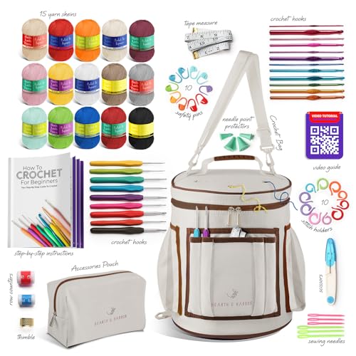 Crochet Kit for Beginners Adults and Kids - Beginner Crochet Kit for Adults with Step-by-Step Video Tutorials, Amigurumi and Crocheting Kit, Crochet Starter Kit with Soft Crochet Yarn and Crochet Bag - color: Warm Gray, style: Crochet Kit + Bag