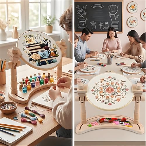 Huacan Embroidery Hoop Stand Adjustable - 360°Rotated Embroidery Frame Stand, Cross Stitch Stand, Beech Wood Embroidery Hoop Holder