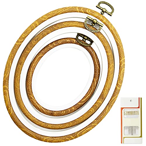 3 Sizes Imitated Wood Display Oval Round Embroidery Hoop Set Plastic Circle Cross Stitch Hoop Rings for DIY Craft Sewing,Including 16pcs Gold Eye Sewing Needles - style: 3 pcs oval sizes