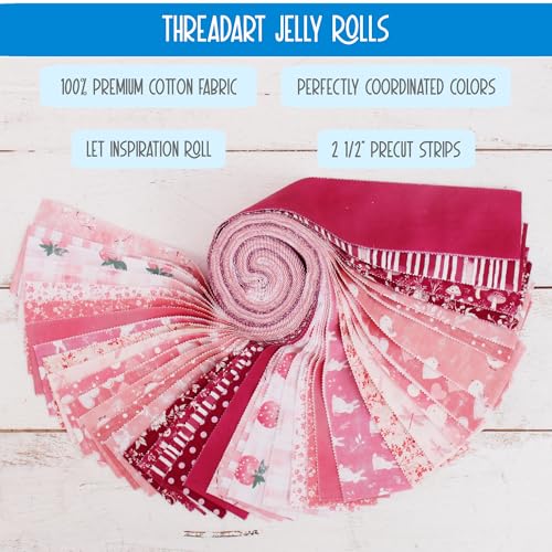 Threadart Pink Prints Jelly Roll - 40 Precut 2.5" Cotton Strips - color: Pink Prints