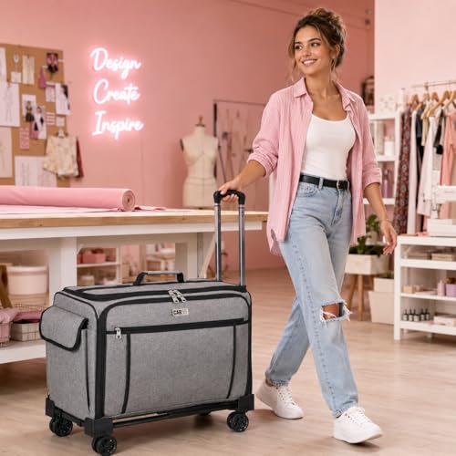 CAB55 XXL 23-Inch Rolling Sewing Machine Case with 4 Wheels, Extra Large Carrying Case for Professional Embroidery and Heavy Duty Sewing Machines with Bottom Support Board (Gray) - color: Gray