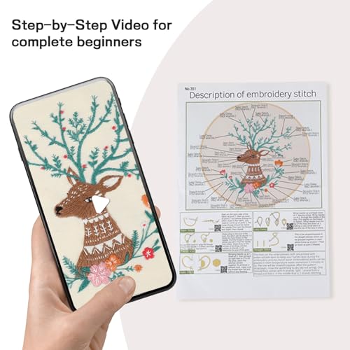 Beginner Deer Embroidery Kit for Adults, Pre-Printed with Video Tutorial - color: Deer