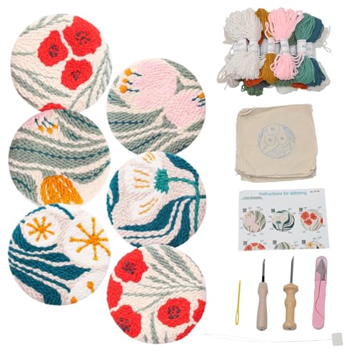 Mooncci Punch Needle Coaster Kit, 6pcs Flower Pattern Needle Punch Kits with Tools and Instructions for Adults Beginners, Great Festival Gift and Decoration Ideas - color: Flower Coster