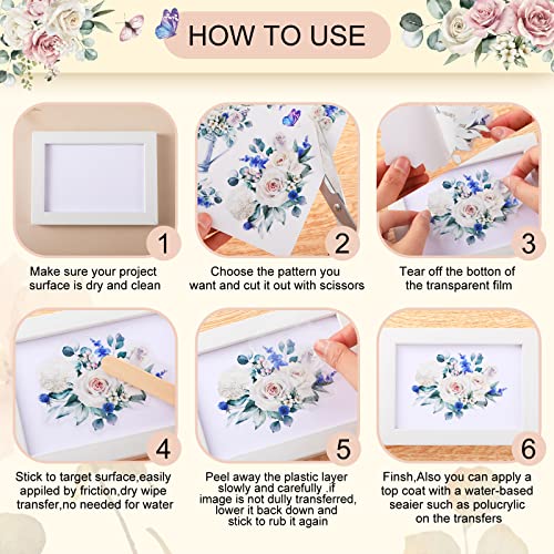 BBTO 12 Sheets Rub on Transfers for Crafts Wood Furniture DIY, 5.5" x 5.7" - style: White Rose
