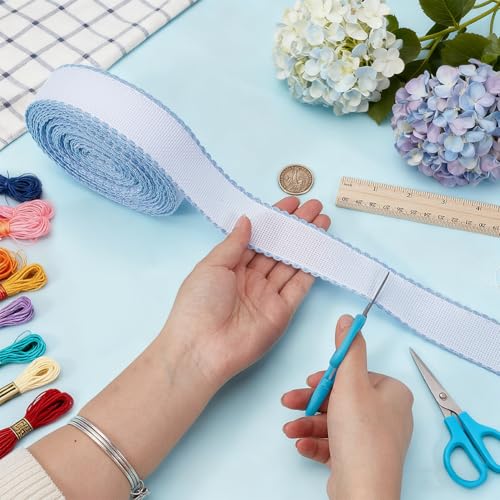 BENECREAT 14.8yd x 1.4in Aida Band with Light Sky Blue Edge, Cross Stitch Fabric for Embroidery Needlework Bookmark DIY Crafts, 0.7mm Thick - color: Light Sky Blue Edge