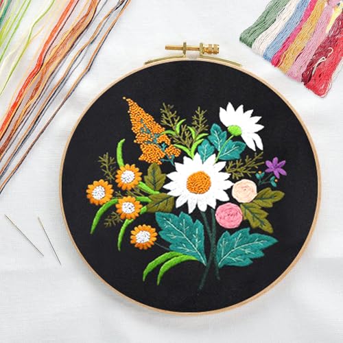 CREAWONDER Canvas Tote Bag Embroidery Kit with Pattern for Beginners, Arts and DIY Embroidery Crafts Kits for Adults, Include Instructions, Thimble, Embroidery Hoops, Color Threads and Tool - color: CR002 chenhuicaoxin black