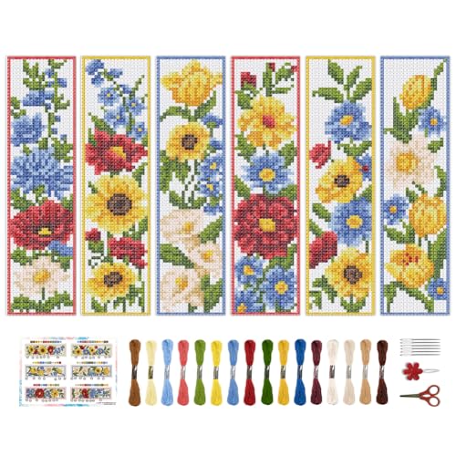 BEUNITONE 6 Pcs Flowers Cross Stitch Bookmark Kit for Adults Beginners Vivid Floral DIY Stamped Embroidery Bookmark Punch Needle Kit with Instructions for Book Lovers Reader Writer Gift 8''x2.4'' - style: Flower Cluster B