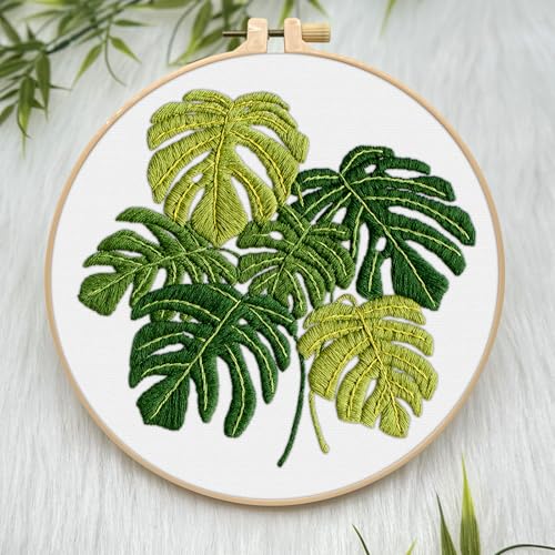 ERKOON Embroidery Kit for Beginners Adult, Cross Stitch Set Include Embroidery Cloth Hoop Threads for Craft Lover Hand Stitch with Embroidery Skill Techniques (Leaf) - color: Leaf