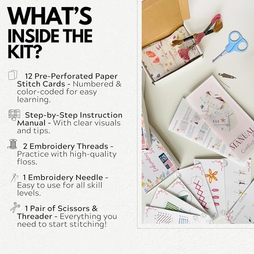 Perforated Embroidery Stitch Cards Starter DIY Kit, Beginner Colored Patterns, Premium Cardstock Cards, Complete Toolkit, Tools, Illustrated Step by Step Instructions Handmade Kit Gift for Her (Pink) - color: Pink