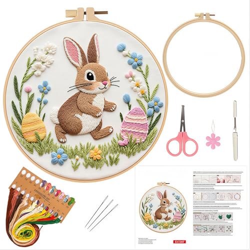 AZY Easter Embroidery Kit – Single Pre-Printed Floral Pattern with Adjustable Embroidery Hoop, Thread, Needle, Threader & Instructions – for Beginners and Cross Stitch Lovers - style: Easter embroidery