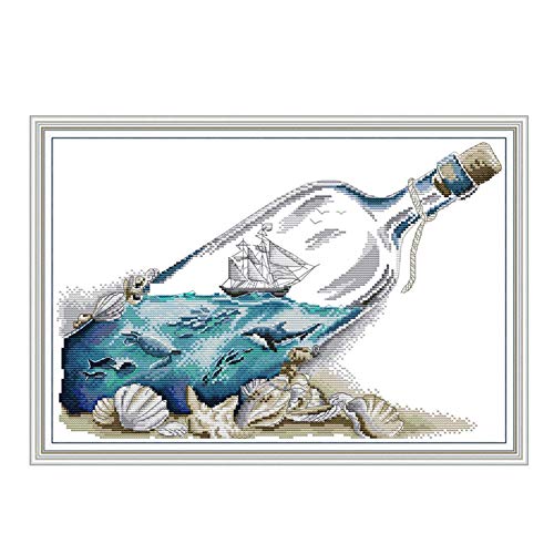 CaptainCrafts Cross Stitch Kits Stamped Cross Sttich Printed Fabric Cross Stitching DIY Art DMC Needlecrafts Embroidery Kit for Adults Beginner (Stamped, Drifting Bottle in The Sea) - color: Drifting Bottle in The Sea, style: Stamped