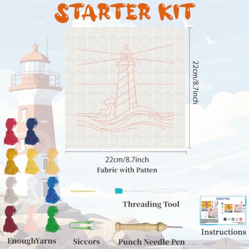 BEUNITONE 2Set Punch Needle Kit with Frame for Adults Beginners, Lighthouse Needlepoint Crafts Kit for Adults, Complete Embroidery Starter Kits with Pre-Print Pattern for Gift Home Decor 9.4"x9.4" - color: 04-Lighthouse