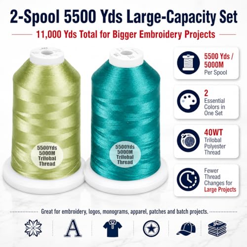 Simthread 2Pk 5500Y/5000M 40WT Polyester Embroidery Thread Fresh027 Teal534 - color: Spring Duo(FreshGreen+Teal Green)