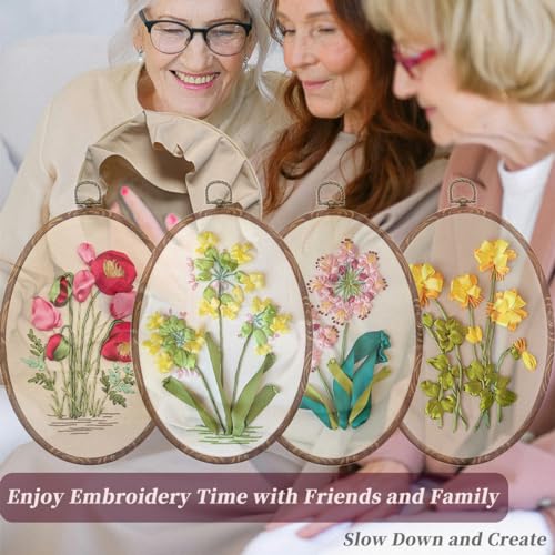 FONNUY Ribbon Embroidery 3D Flowers Pattern Design Kit Embroidery DIY Handwork Set Oval Home Decoration (Red Rose) - style: Red Rose