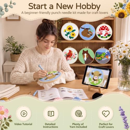CYANFOUR Punch Needle Kit for Beginners, Horse Punch Needle Kits Adults, Craft Kits for Adults with 2 Pre-Printed Fabrics, Embroidery Hoop, Threads, DIY Gift and Home Decor 20 * 20cm - color: Horse