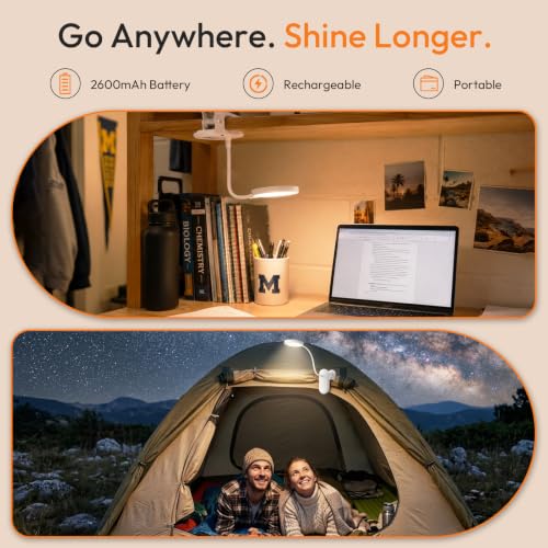 Clip on Light, Stepless Dimmable & 3 Colors Touch Control Clip On Bed Light. Dorm Room Essential 2600mAh Rechargeable Battery Powered Lamp. Flexible Clip On Lamp for Desk/Bedside/Headboard - color: White