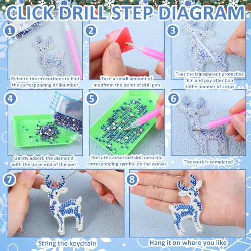 20 Pcs Christmas Diamond Art Ornaments Diamond Painting Keychain Kits - style: Blue and White Porcelain