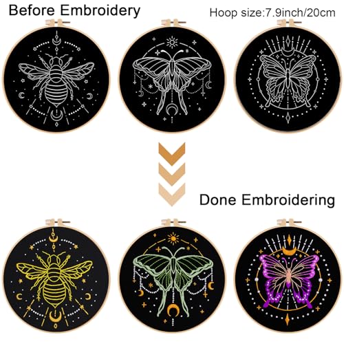 Louise Maelys 3 Sets Tarot Embroidery Kits for Beginners,Cross Stitch Kit for Adults,Crewel Starters Needlepoint with Moon, Butterfly, Bee and Moth Pattern and Tool - color: Tarot