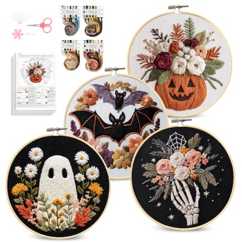 Santune Halloween Embroidery kit,Fall Needlepoint Cross Stitch Kits for Beginners Adult,Needle Point Sets,4 Embroidery,2 Hoops,Halloween Ornaments - color: Halloween Series