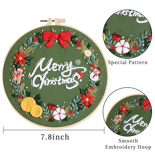 LB Christmas Embroidery Kit for Beginners Adults, 3 Sets Hand Embroidery Starter Kit with Wreath Pattern and Instructions Stamped Cross Stitch Kits Include Embroidery Hoop Needles Threads Scissors - color: Beige Green