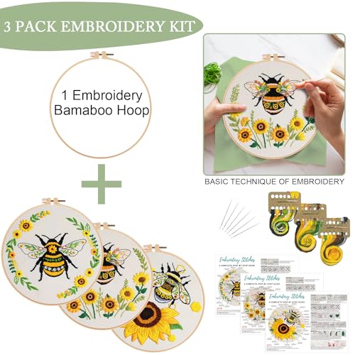 Nuberlic 3 Pack Embroidery Kit for Beginners with Bee Pattern - color: BEE