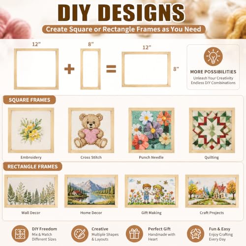 Needlepoint Stretcher Bars for Needlework, 12-Piece Wooden Canvas Frame Set with 100 Tacks, 8, 12 & 16 Inch, Tool-Free Square or Rectangle Frames for Cross Stitch, Embroidery & Quilting