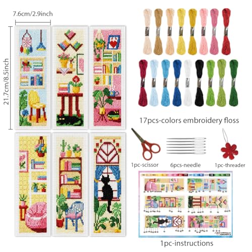 INFUNLY 6PCS Sweet Home Cross Stitch Bookmarks Kit 3×8.5inch Cat Window Stamped Embroidery Bookmark Kit Life Scenarios Needlepoint Bookmark Set with Instruction for Book Lover Reader Writer - style: Sweet Home