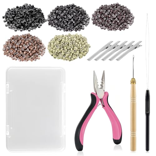 JIAMEISI Hair Extension Tool Kit, 500 Micro Rings 5 Clips - color: 5 Colors
