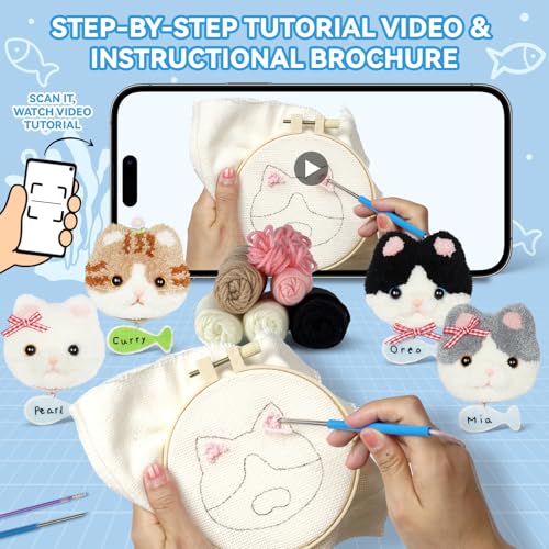 Punch Needle kit Adults for Beginners-4,Embroidery kit for Beginners, Includes All Tools and Materials,Easy to Follow Instructions and Videos-Cat Family - color: Cat Family