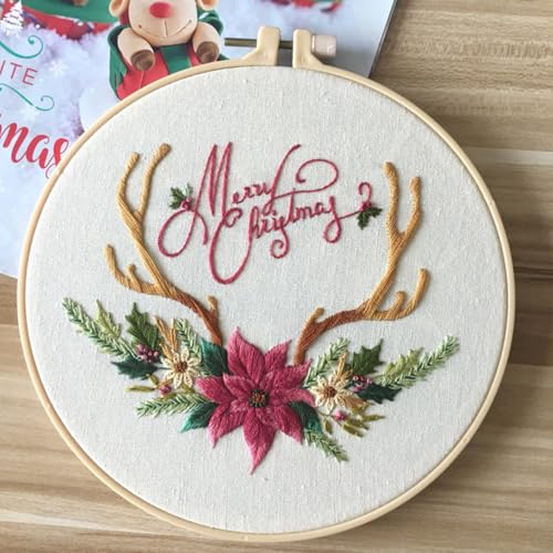IUHUI Embroidery Kit for Beginners Adults - Merry Christmas Easy Patterns, DIY Hand Stitching Embroidery Set with Hoop (Christmas Antlers) - color: Christmas Antlers