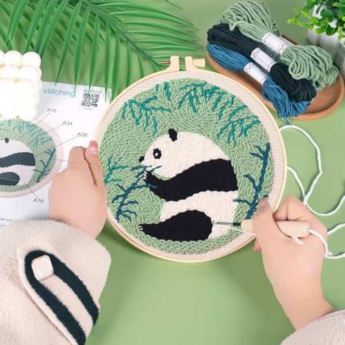 KESTAR Punch Needle Embroidery Starter Kits, Panda Bamboo Punch Needle Kits for Adults Beginner, Needle Punch Kit Tool with Instruction Threader Fabric Yarns and Hoop - color: Black White Panda