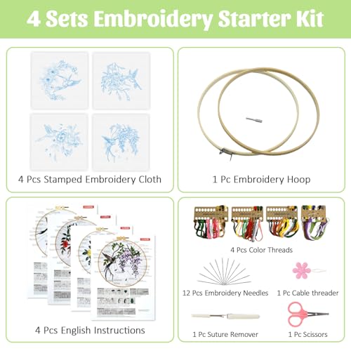 Esoes 4 Pack Embroidery kit for Beginners, Hummingbird and Flower Cross Stitch Kits with Clear Instructions,1 Embroidery Hoops,Stamped Patterns,Colorful Threads & Tools, Gifts for Crafters