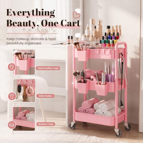 3 Tier Rolling Cart Metal with Lockable Wheels,Pink Baby Diaper Caddy Carts - color: Soft Pink, size: 3 Tier + Cups + Hooks