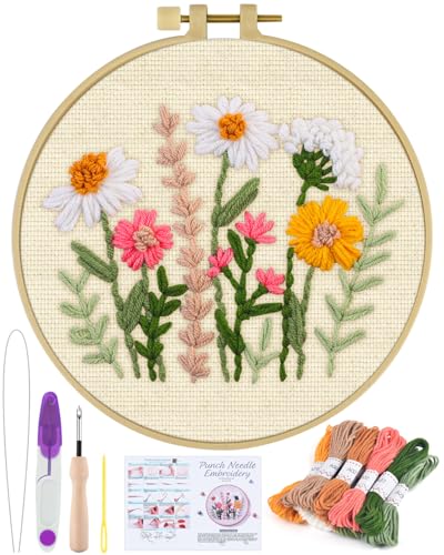 ERKOON Punch Needle Kit Beginners Adults, DIY Easy Flower Embroidery Set for Starter Art Craft, Needling Punching Project with Patterns, Tools, Yarns, Hoop, Instruction (Colorful Daisies) - color: Colorful Daisies