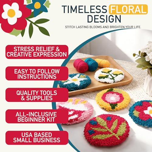 Emri Lane Punch Needle Kit – 6 Floral Design Punch Needle Embroidery Kit - color: Bright Craft