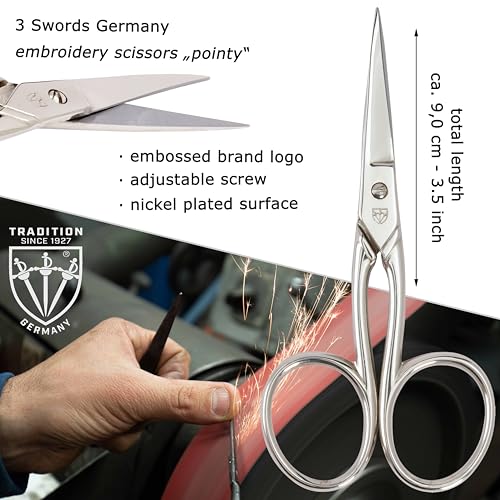 3 Swords Germany - Embroidery Scissors, Shears for Art Work, Daily Use in Household, Sewing, crocheting, Art Work, Craft, needle work with black Synthetic Leather case