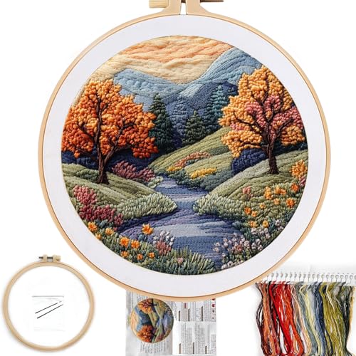 FONNUY Embroidery Kit for Beginners, Boho Nature Landscape Pre-Stamped Pattern Kits for Adults with Hoop, Easy to Follow Color Thread Needlework, 8'' Hoop (Mountain Trail) - color: Mountain Trail