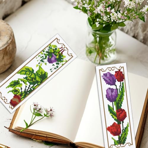 INFUNLY 6PCS Flower Plants Cross Stitch Bookmark Kit for Adults Tulip Sunflower Cross Stitch Kits DIY Crossstitch Kit Green Leaf Stamped Embroidery Bookmark Kits with Instructions for Book Lovers - style: Tulips