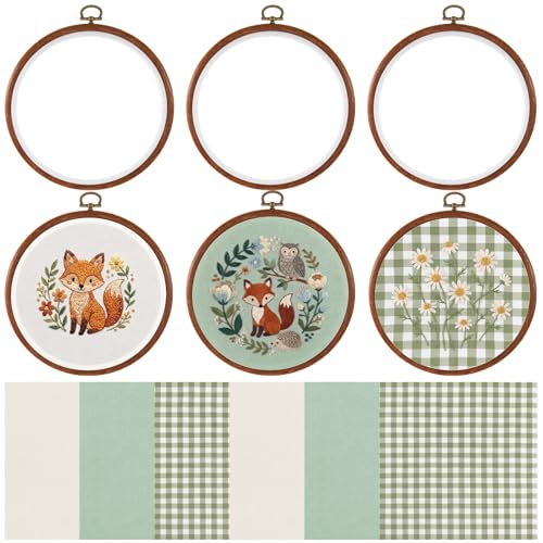 Tudomro 12 Pcs Decorative Embroidery Hoop with Fabric Set 6.7" Round Imitated Wood Cross Stitch Frame & 11.8" Green Pre-Cut Cloth Squares for DIY Art Craft Sewing Hanging Ornament - color: Sage Green