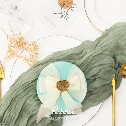 Ribbli Fall Ribbon 1.5 inch x 30 Yard Handmade Silk, Ivory/Dusty Sage/Terracotta Fringe Chiffon Ribbon for Wedding Invitations, Bridal Bouquets Wrapping, Flower Arrangement Decoration - color: Ivory/Dusty Sage/Terracotta