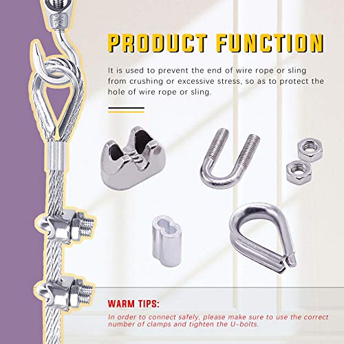 Swpeet 24Pcs M6 (1/4") Wire Rope Accessory Set, Included M6 Wire Rope Cable Clip Clamp, M6 Stainless Steel Thimble, 6mm Aluminum Crimping Loop Sleeve Perfect for 1/8 inch Wire Rope Cable (M6) - size: M6