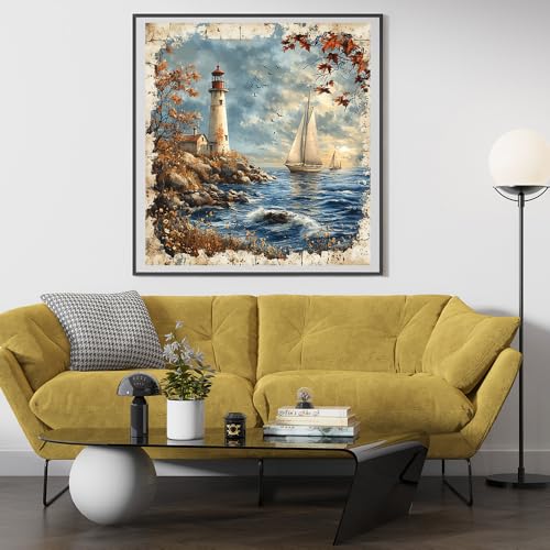 Moohue 14ct Counted Cross Stitch Kits for Adults Seaside Tower Boat Printed Stamped Cross Stitch Patterns Kits Cross Stitch Supplies (Seaside Tower Boat) - color: Seaside Tower Boat