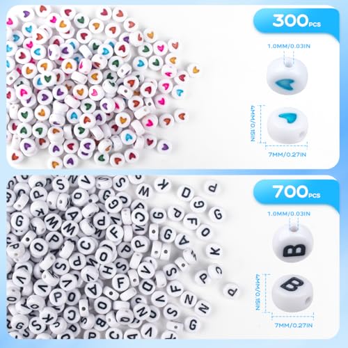 1000PCS Letter Beads, White Alphabet Beads and Colorful Heart Beads - color: W+heart