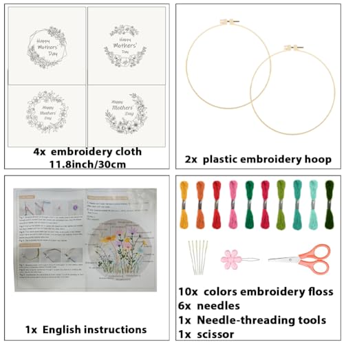 ORIGACH 4 Pack Embroidery Kits for Mother's Day Gift, DIY Floral Embroidery Kit with Garland Patterns and Instructions for Adult - color: Floral