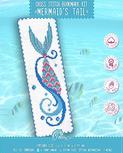 Povitrulya Mermaid's Tail - Counted Cross Stitch Bookmark Kit - DIY Embroidery Set for Adults with Paper Pattern, 16-Count Aida Canvas and Presorted Floss - color: Mermaid's tail