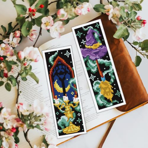 BEUNITONE 6 Pcs Cross Stitch Bookmark Kit for Beginner Magic Stamped Cross Stitch Kit for Adults Printed Embroidery Bookmarks Kits with Instruction for DIY Crafts Book Lovers 8.5''x3'' - style: Magic Element