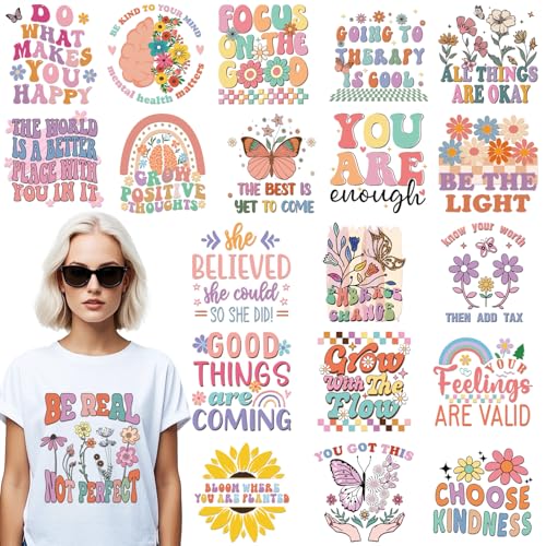 Dazoratix Mental Health Iron on Transfers - 20 Sheets Boho DTF Ready to Press Inspirational Heat Stickers Patches Vinyl Applique Decals for T Shirts Clothing DIY Craft Decorations Teen Therapist Gifts - style: Mental Health