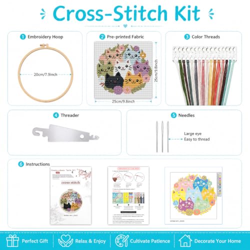 Stamped Cross Stitch Kits for Beginners Adults-Cat,with Embroidery Hoop - color: Cat-2605