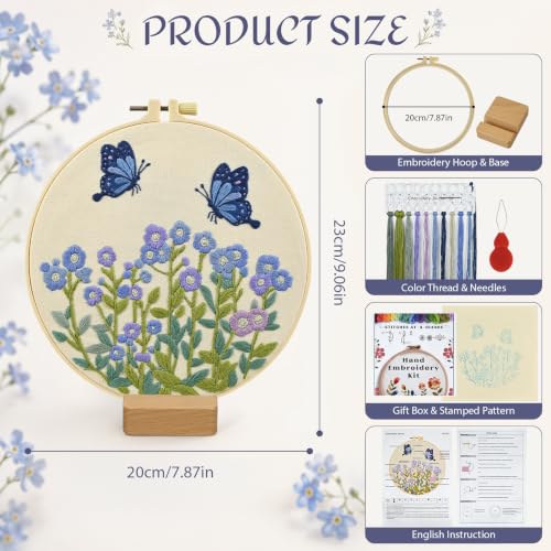 ElasignShopo Flower Embroidery Kit for Beginners Adults, Easy Cross Stitch Kit Forget Me Not Floral Pattern Embroidery Starter Kits Spring Summer with Wooden Hoop Needles Threads and Instruction - color: Forget Me Not Floral