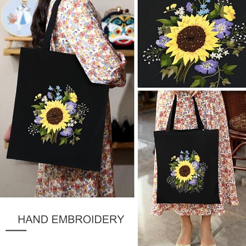Canvas Tote Bag Embroidery Kit with Sunflower Pattern, Embroidery Kits for Beginners Adults, Arts and DIY Crafts Embroidery Starter kit, Include Stamped Embroidery Bag, Color Threads, Embroidery Tools - color: Black with Sunflower